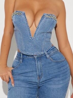 Fashion Nova Blue Crystal-Trimmed Plunge Bustier Crop Top